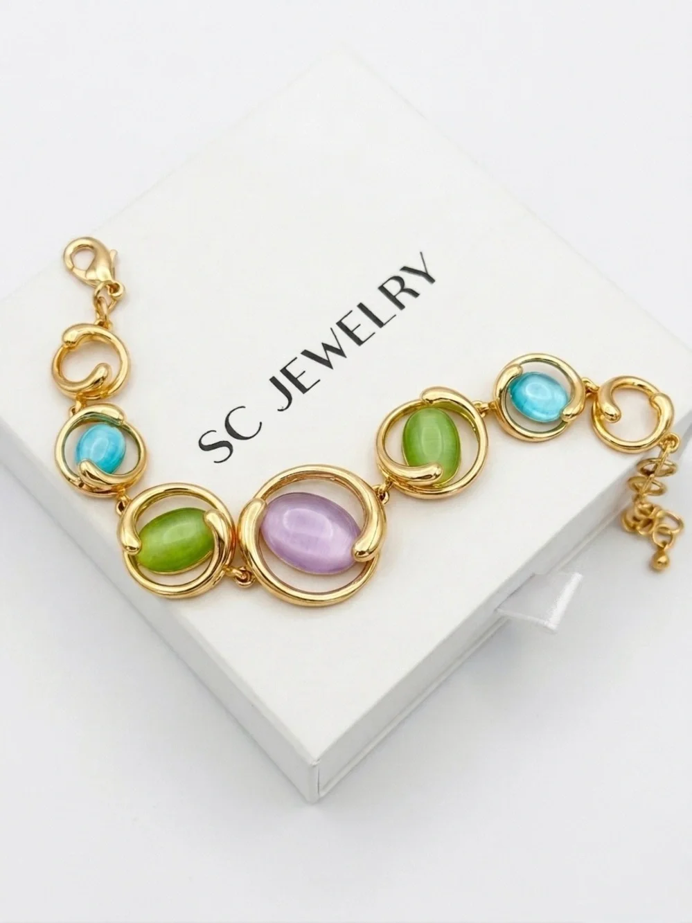 14K Gold Plated Pastel Crystal Bracelet - Gema Style Colorful Statement Band